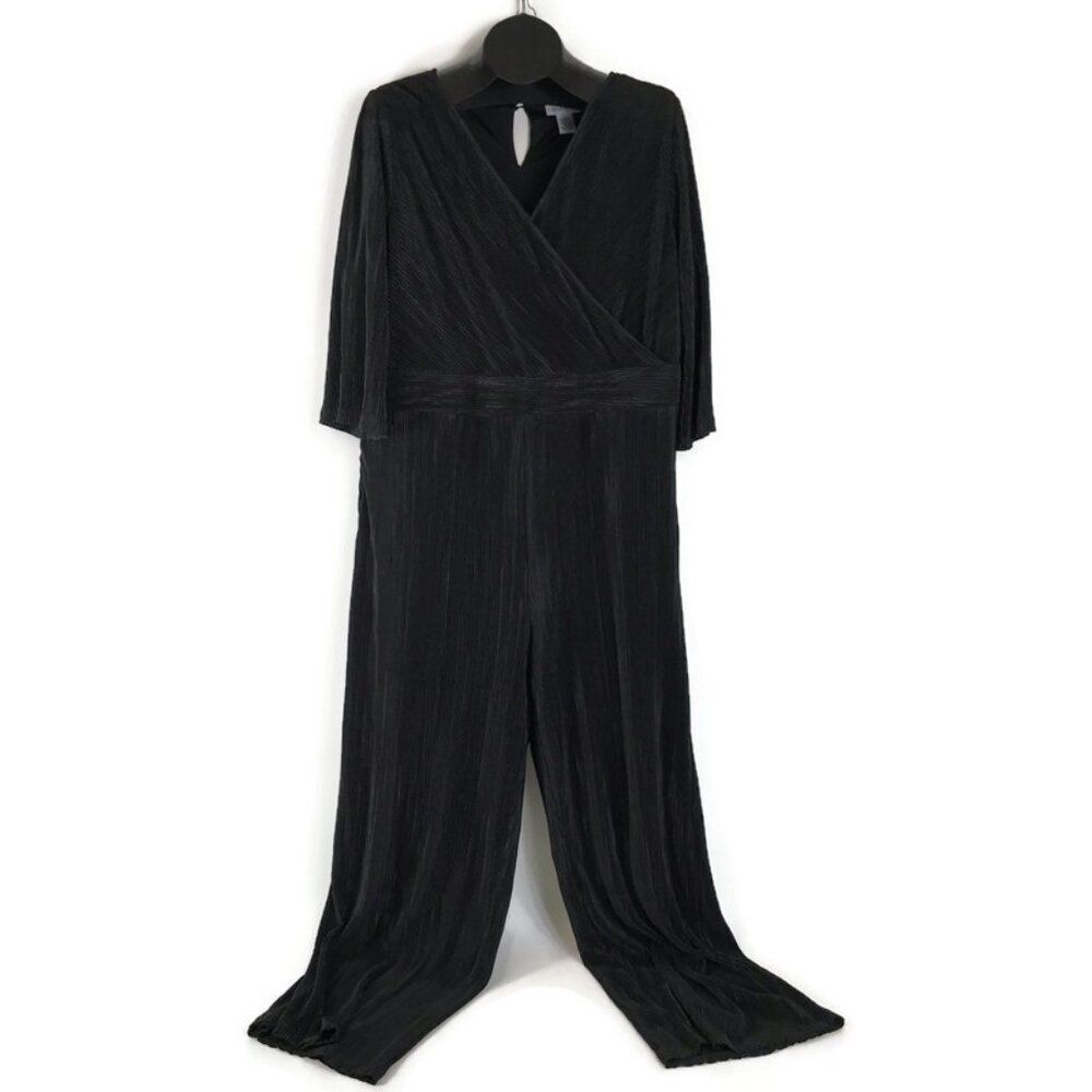NEW Catherines Faux Wrap Ribbed Jumpsuit Women's Plus Size 1X Black Lined Party